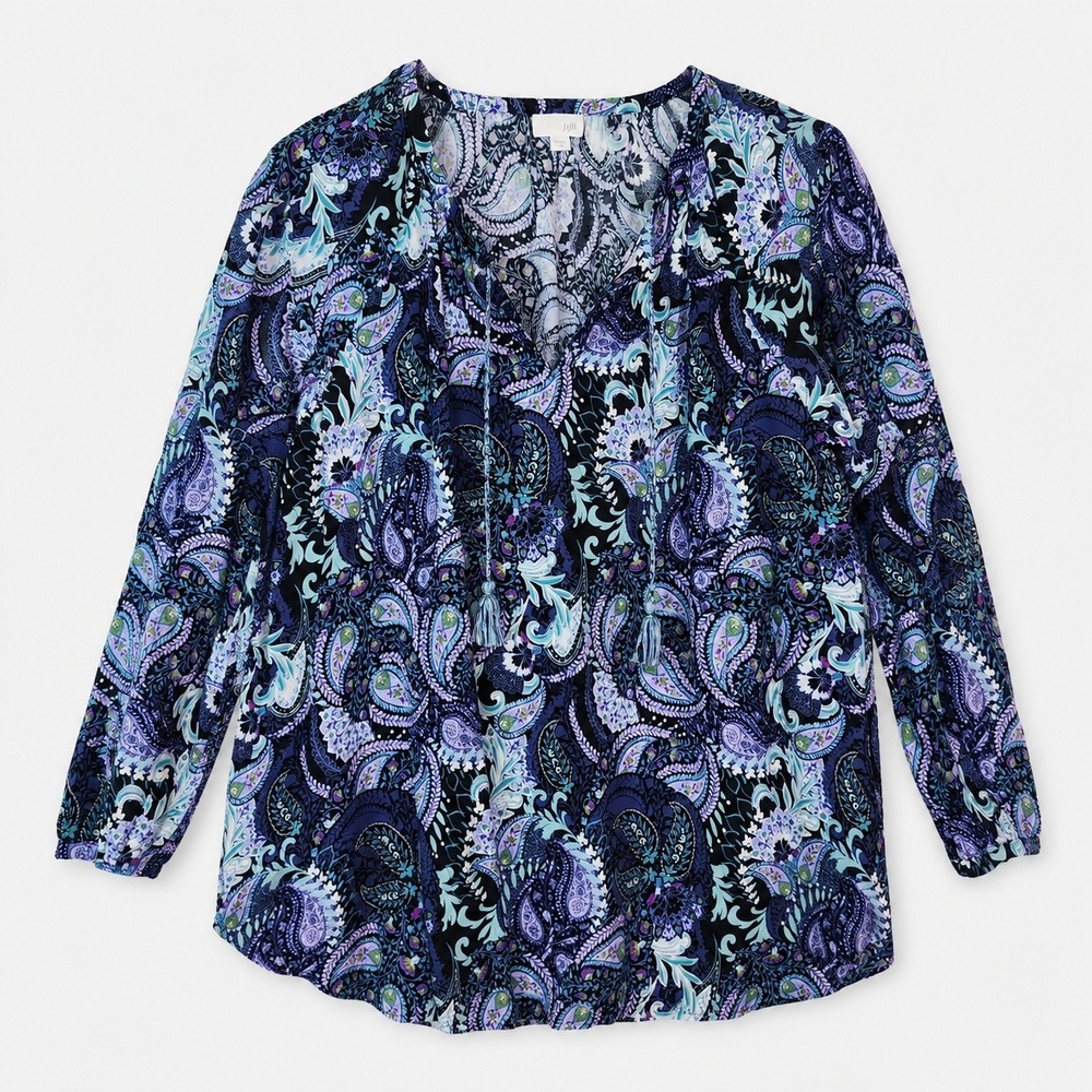 J. Jill Paisley Print Tunic Blouse Women's XL Blue‎ Purple Long Sleeve Tassels